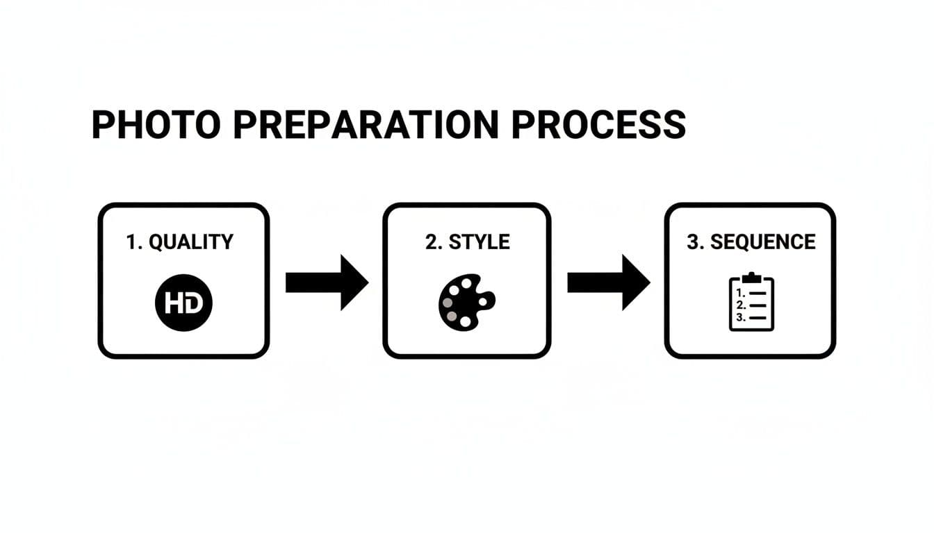A diagram illustrating the photo preparation process, covering quality, style, and sequence steps.