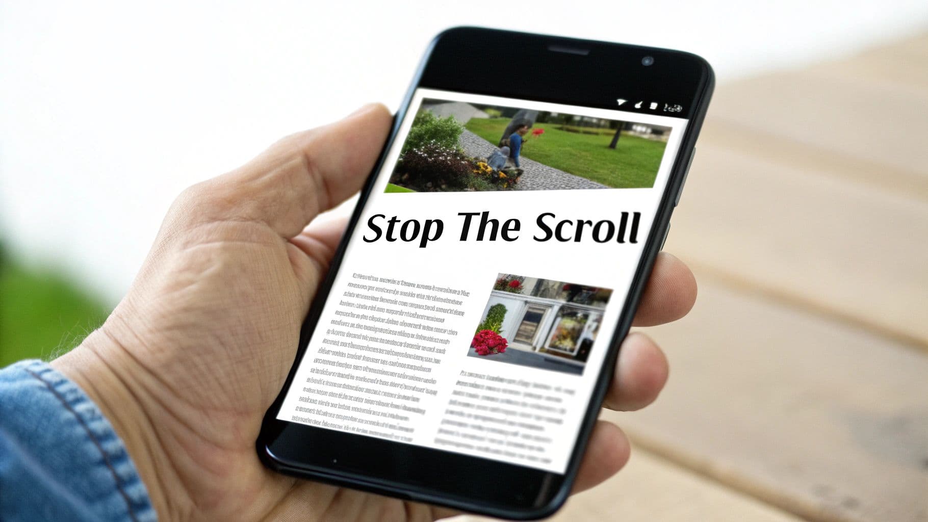 Close-up of a hand holding a smartphone displaying an article titled 'Stop The Scroll' with visuals.