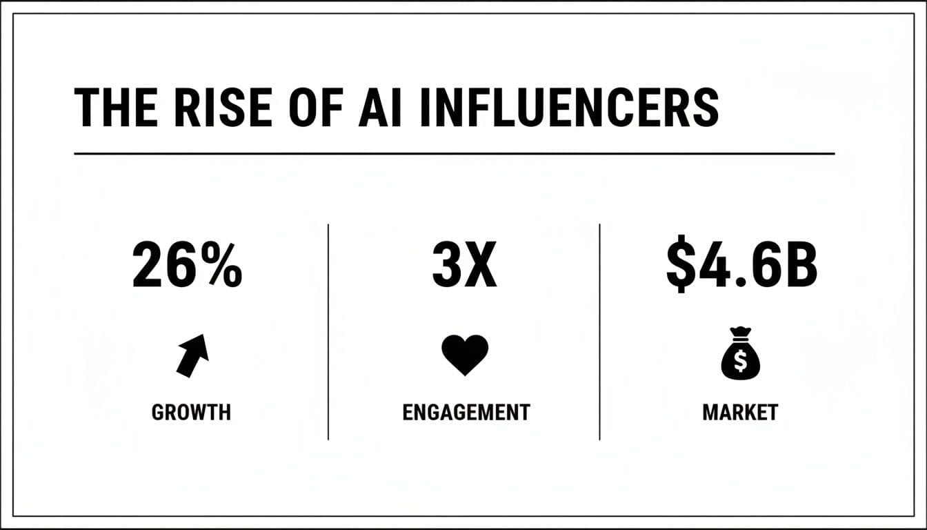 Infographic about the rise of AI influencers, showing 26% growth, 3x engagement, and a $4.6B market.