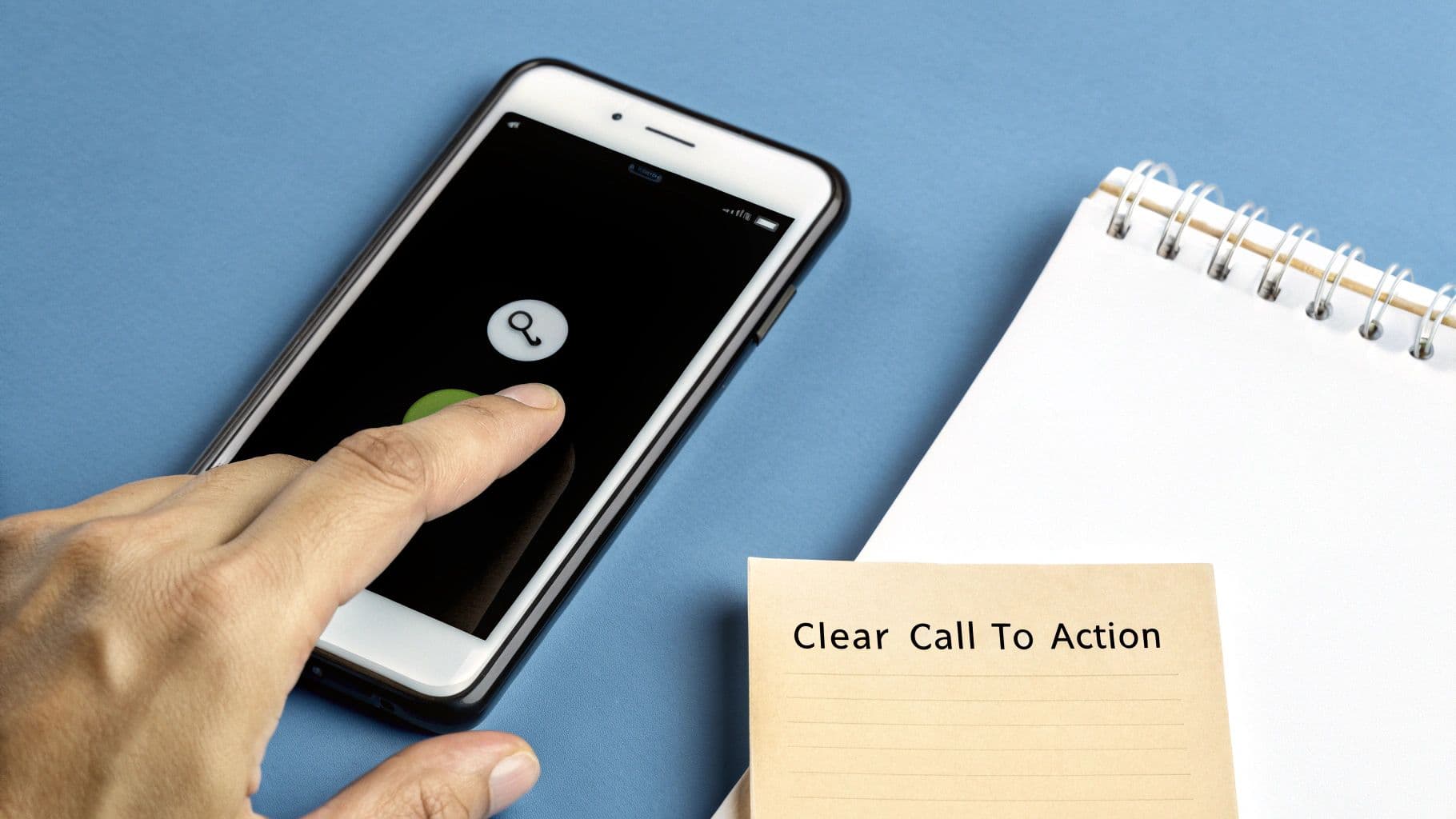 A hand taps a smartphone screen with a search icon, next to a notebook and 'Clear Call To Action' note.