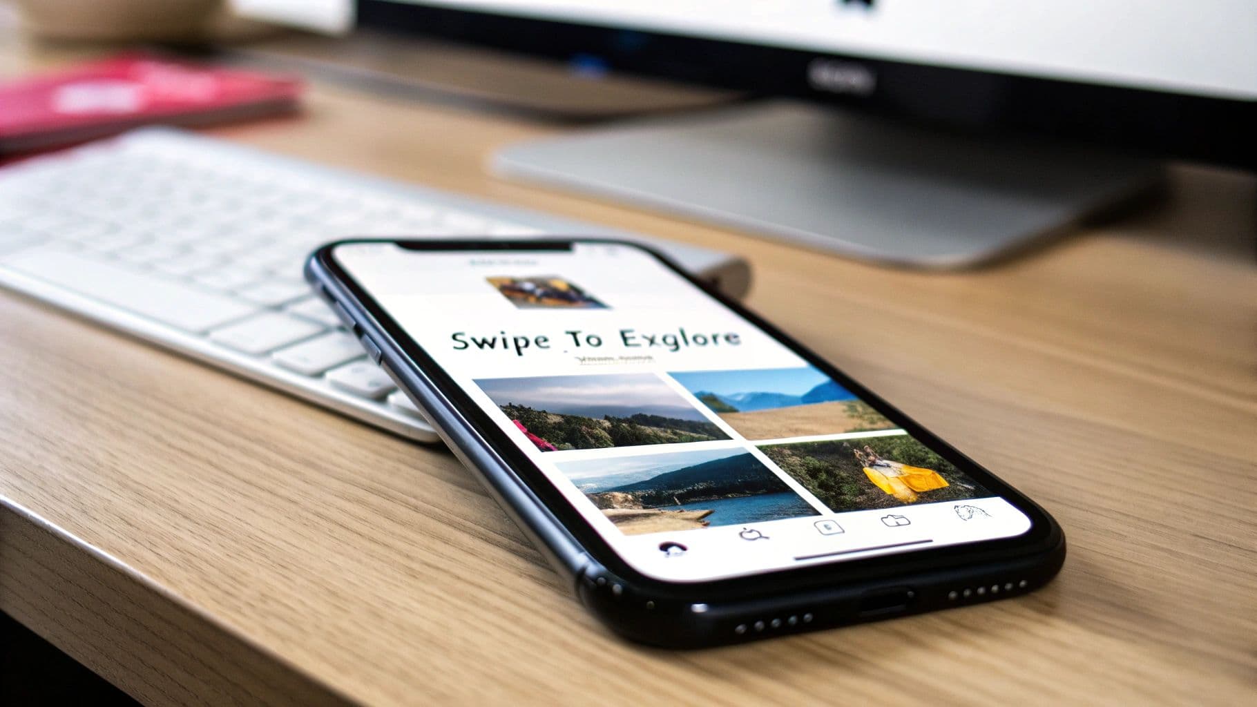 A smartphone on a wooden desk displays a 'Swipe To Explore' screen with nature photos, next to a keyboard.