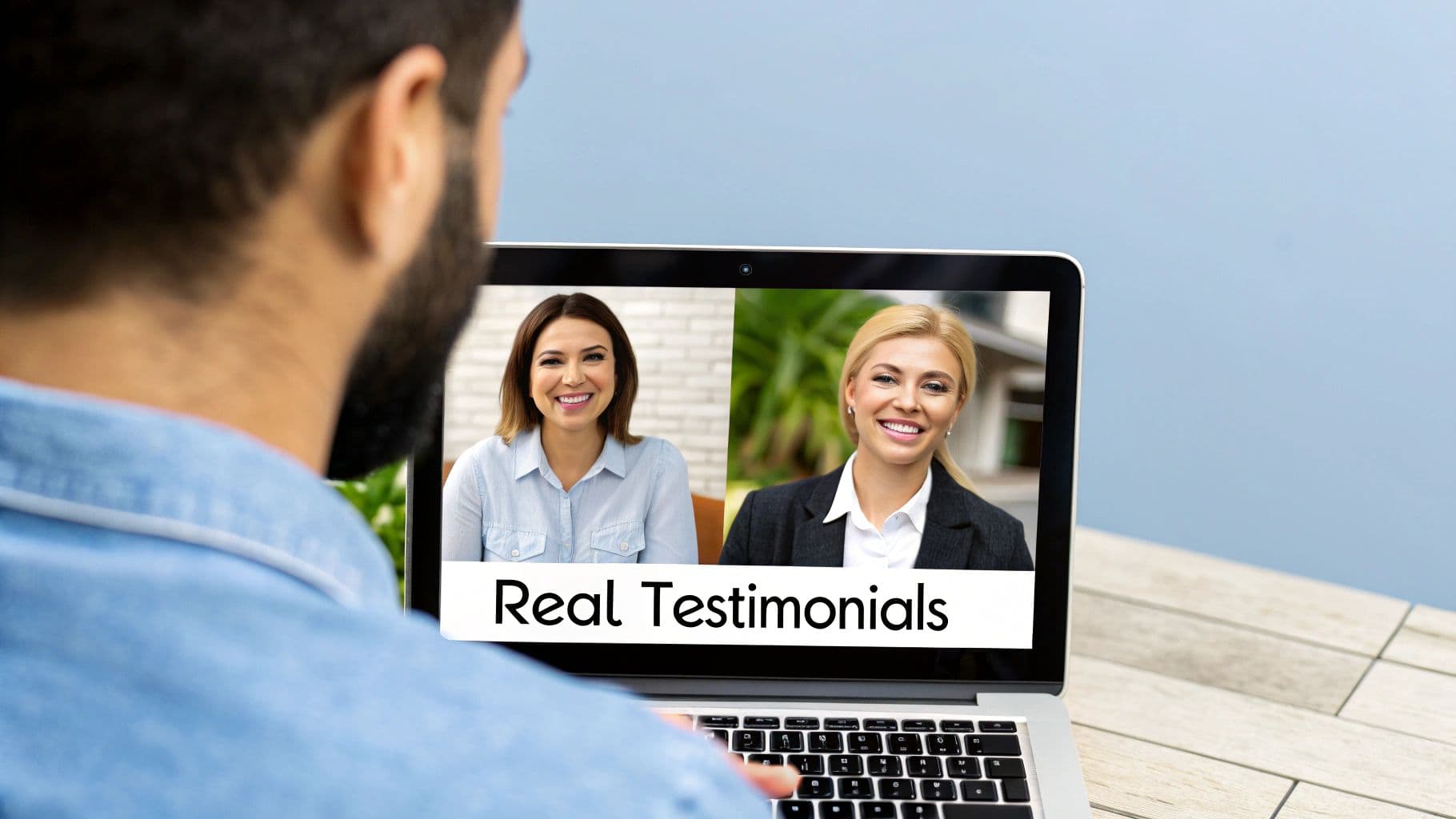 A man views a laptop screen showing a video call with two smiling women and text 'Real Testimonials'.