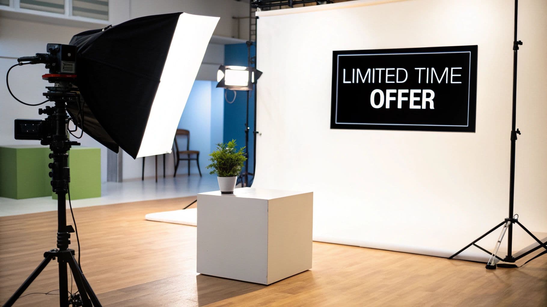 A photo studio setup with a softbox light, white backdrop, potted plant on a cube, and a 'LIMITED TIME OFFER' sign.