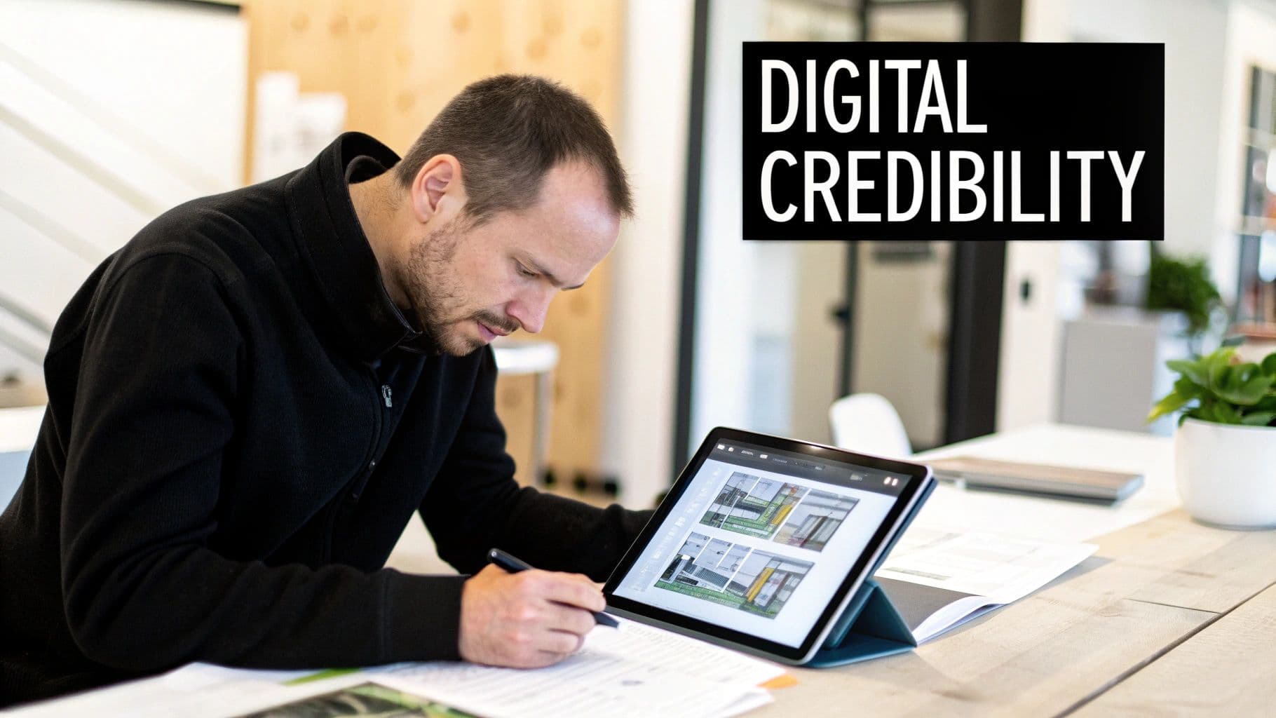 A man reviews architectural designs on a tablet with a stylus, also checking documents on a wooden desk.