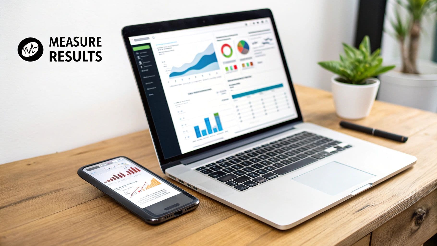 Laptop and smartphone on a wooden desk, both displaying data analytics dashboards and charts.