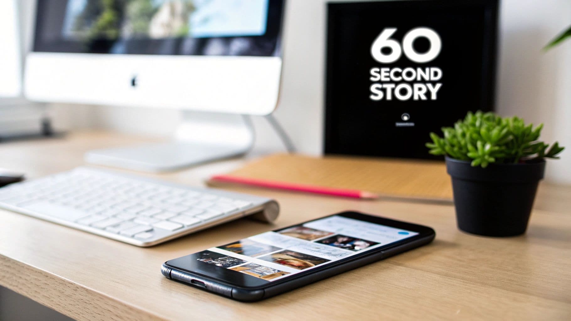 A clean office workspace with an Apple iMac, wireless keyboard, a phone showing a social feed, and a '60 Second Story' screen.