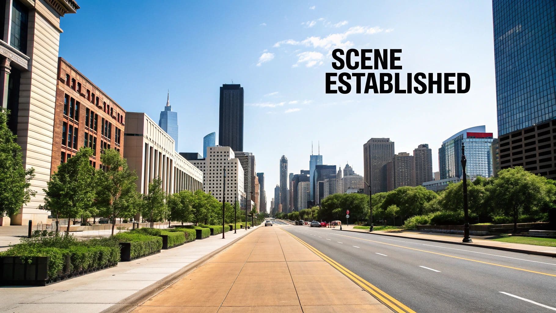 A wide shot of a city street lined with modern skyscrapers and trees under a clear sky.