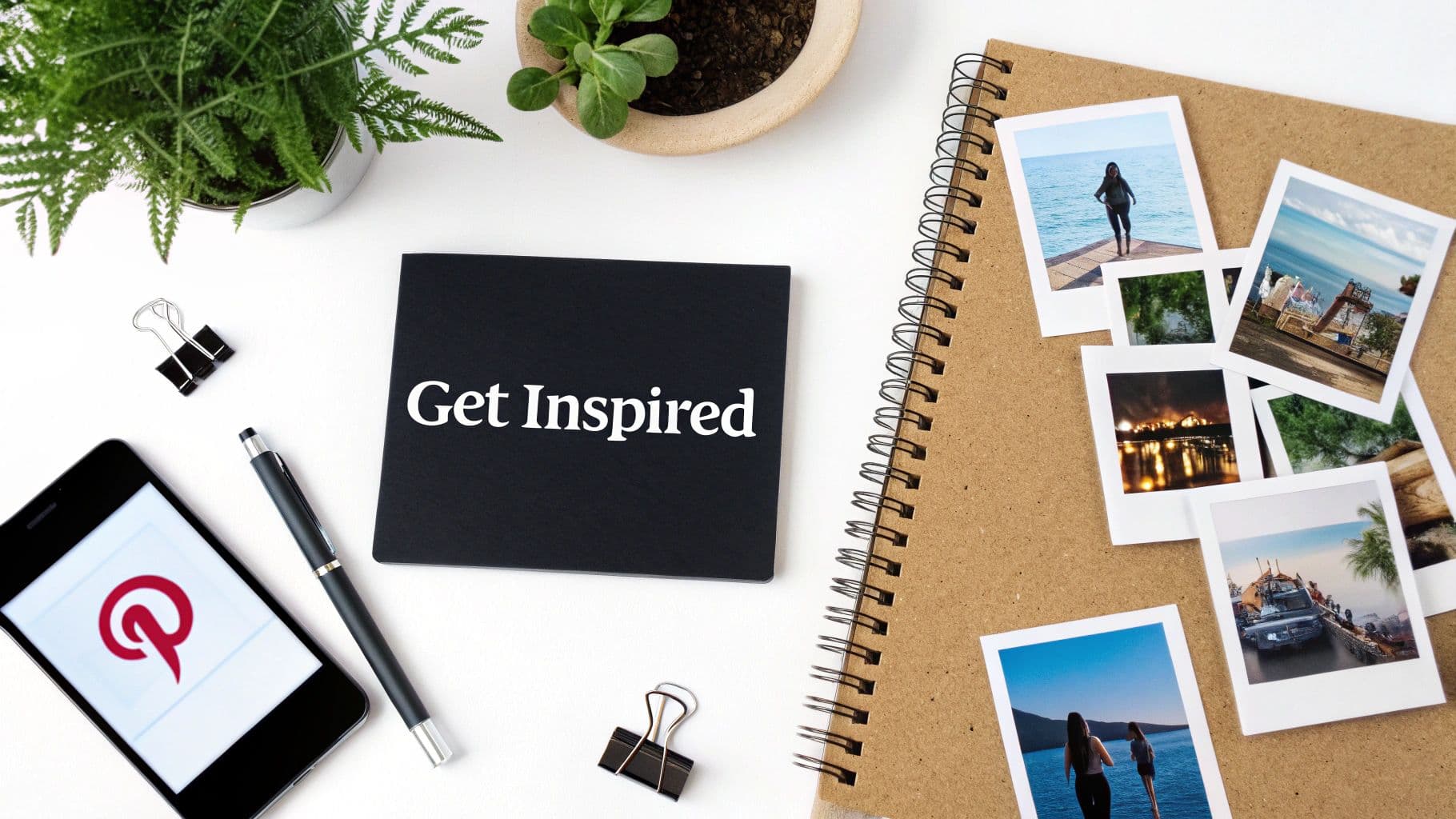 A flat lay desk setup with a 'Get Inspired' notebook, Pinterest on a smartphone, and travel photos.