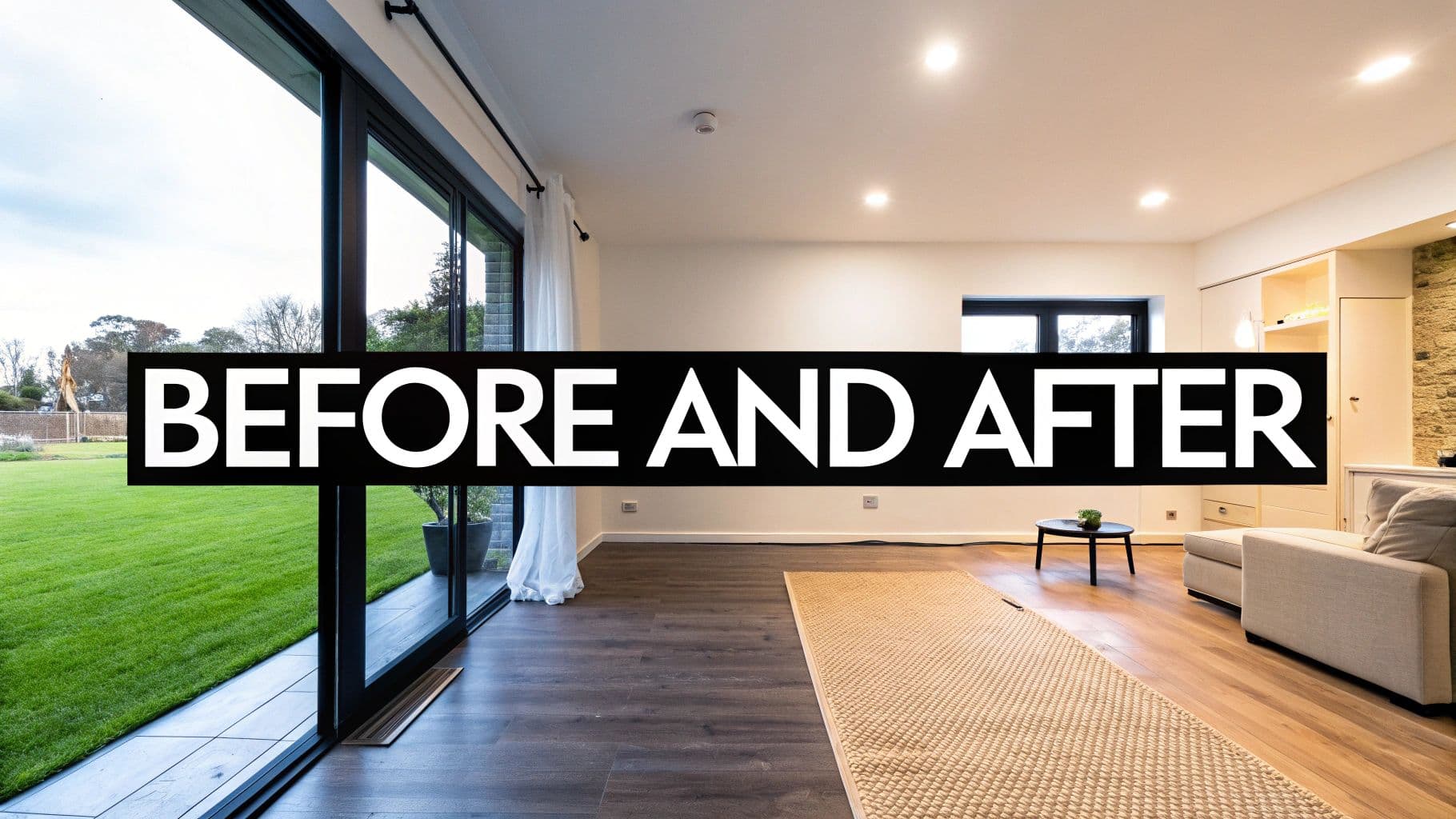 Bright modern living room with large glass doors, a green lawn view, and a 'BEFORE AND AFTER' banner.