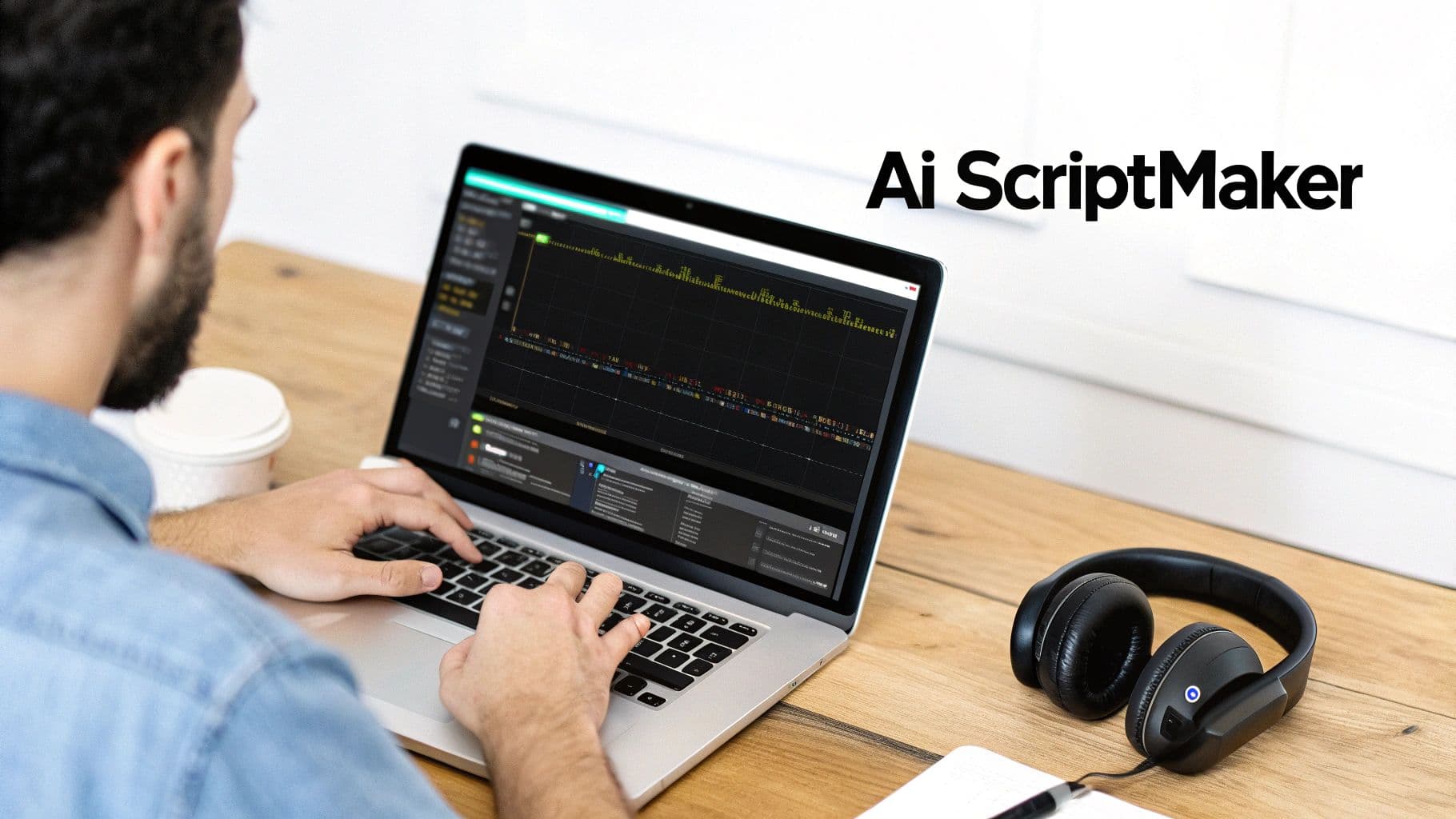 A person typing on a laptop displaying 'Ai ScriptMaker' text and data, with headphones and coffee.