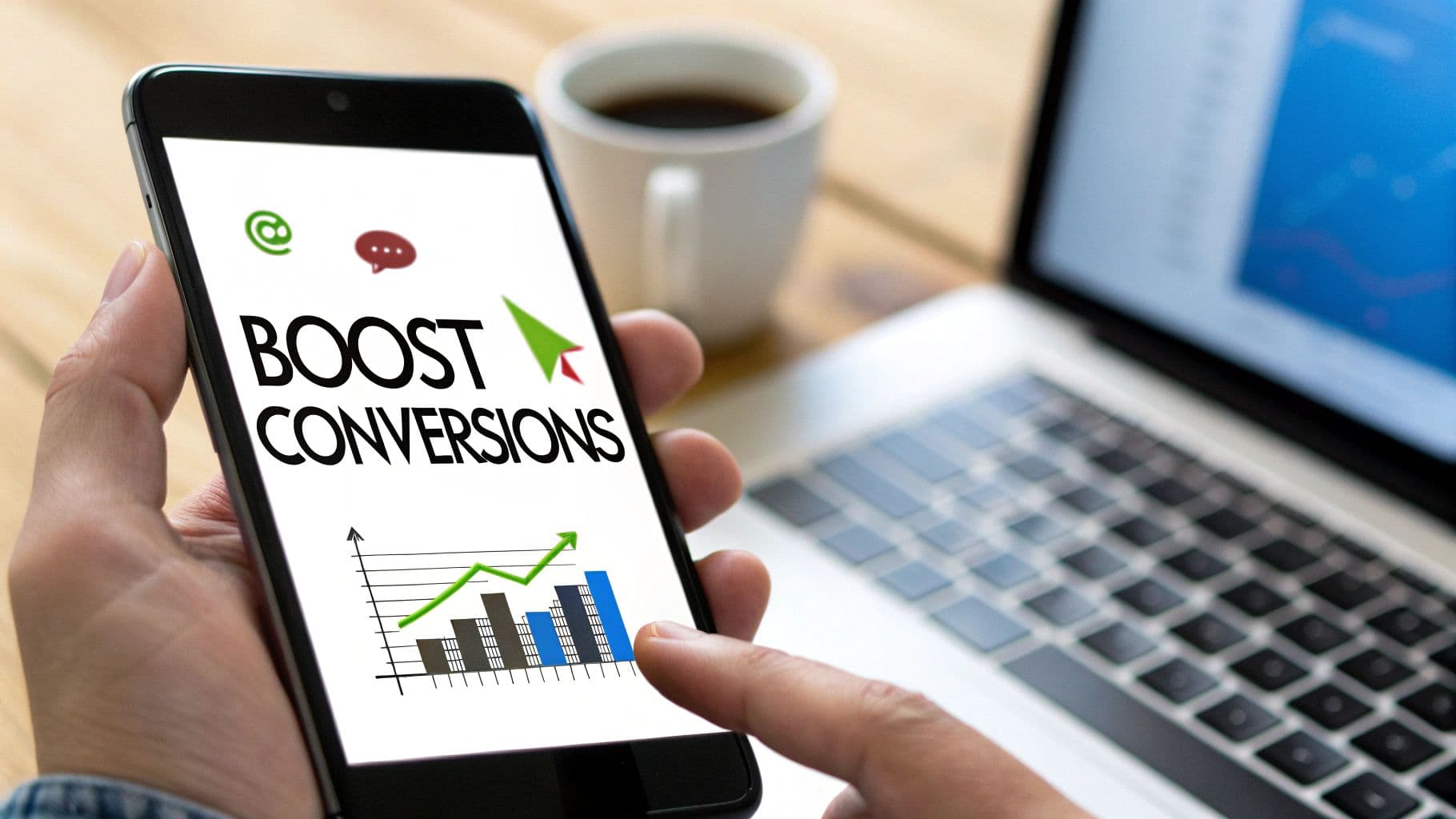 Hand holding a smartphone displaying 'BOOST CONVERSIONS' with a growing chart and icons, next to a laptop.