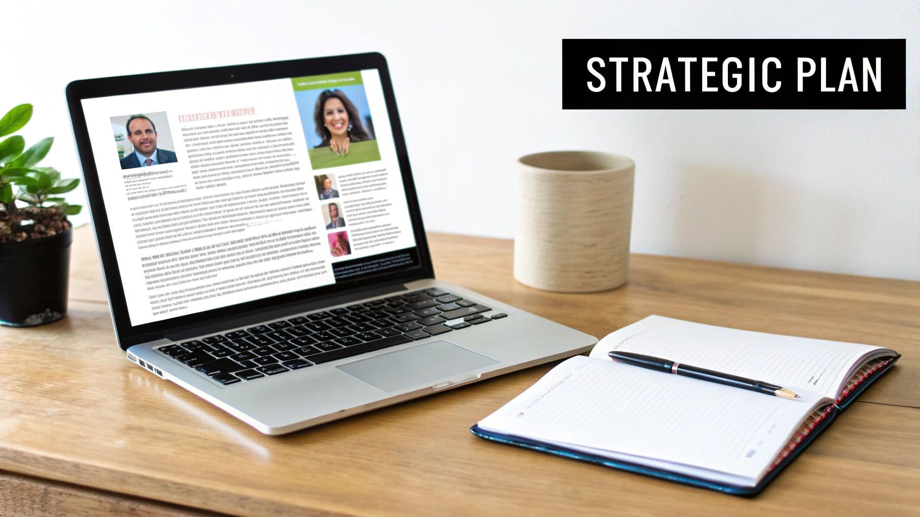A laptop on a wooden desk displays a strategic plan document, next to a notebook, pen, and plant.