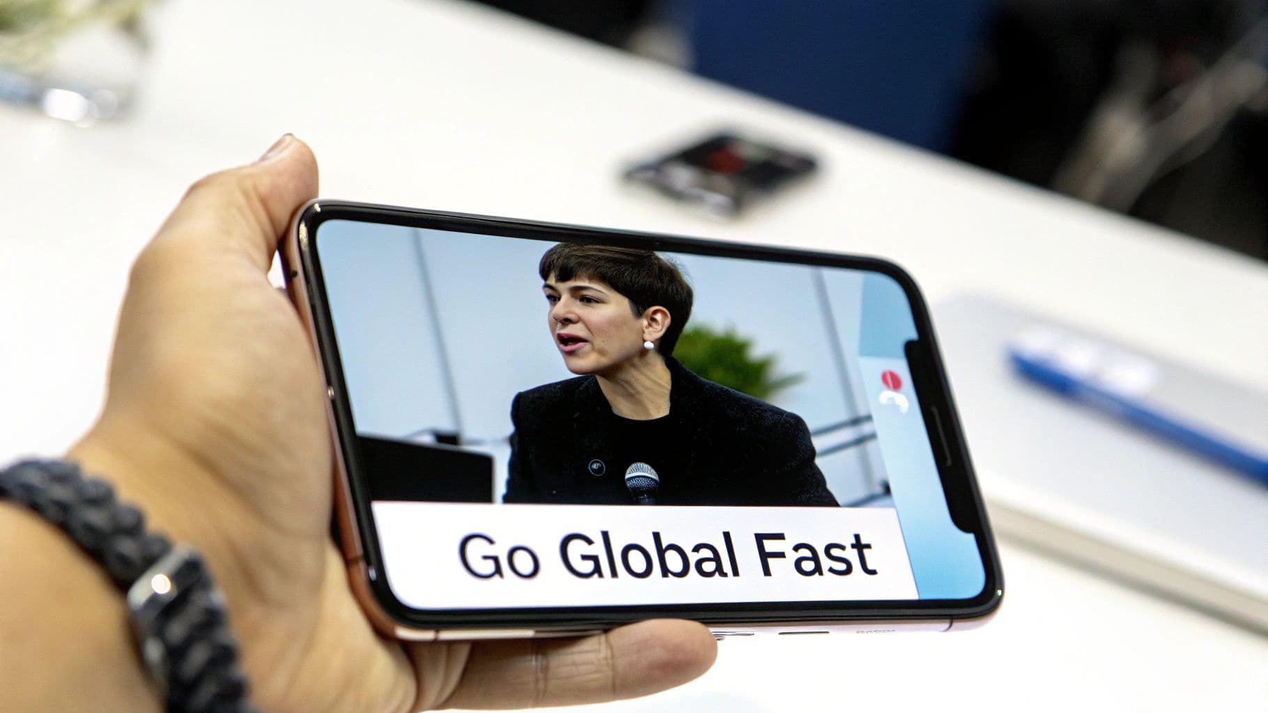 A hand holds a smartphone displaying a woman speaking on a video with 'Go Global Fast' text.