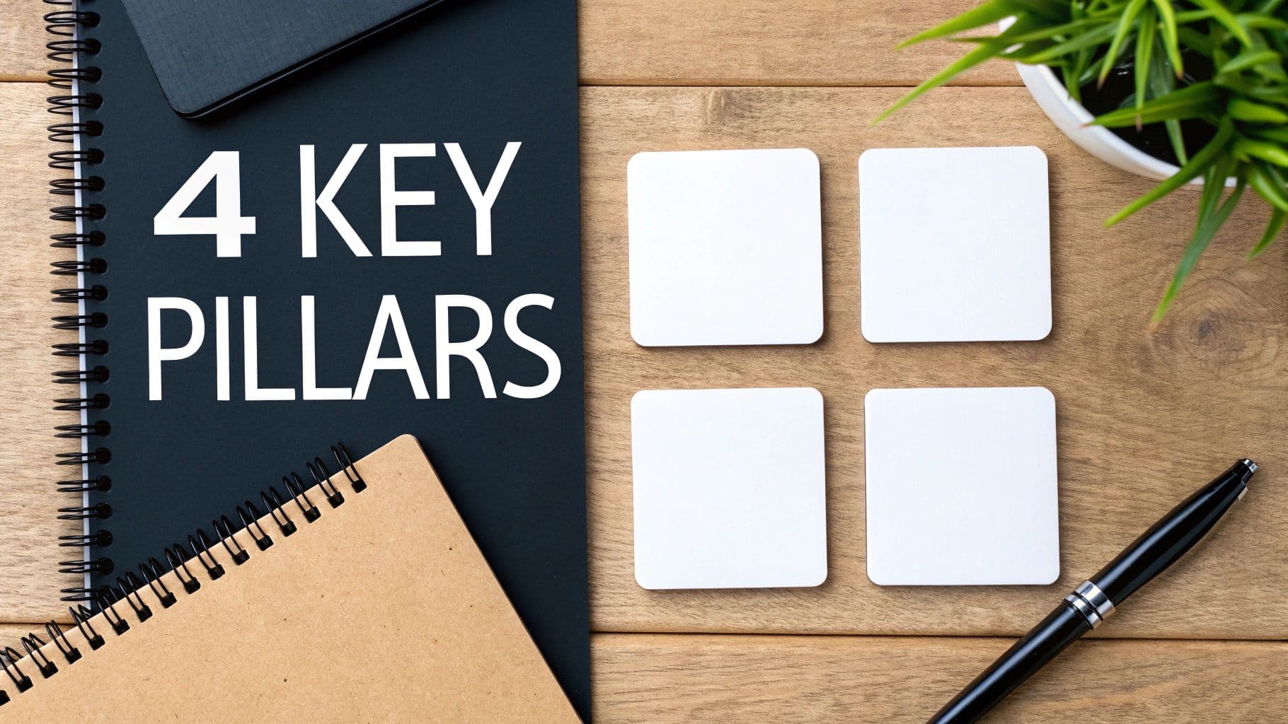 A flat lay image of a black notebook displaying '4 KEY PILLARS' next to four blank white cards on a wooden desk.