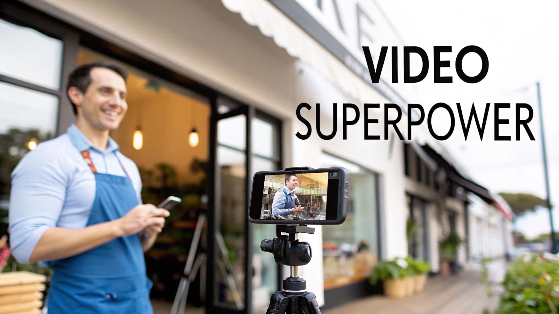 A smiling man in an apron films a video of himself outside his small business, with a smartphone on a tripod.