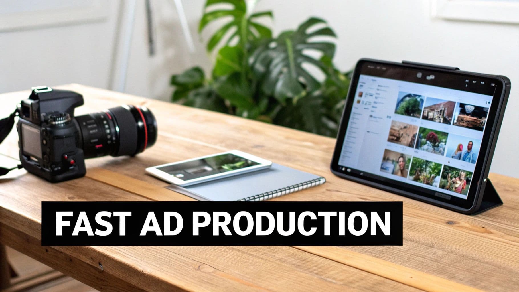 Professional camera, tablet, and phone on a wooden table, emphasizing fast ad production workflow.