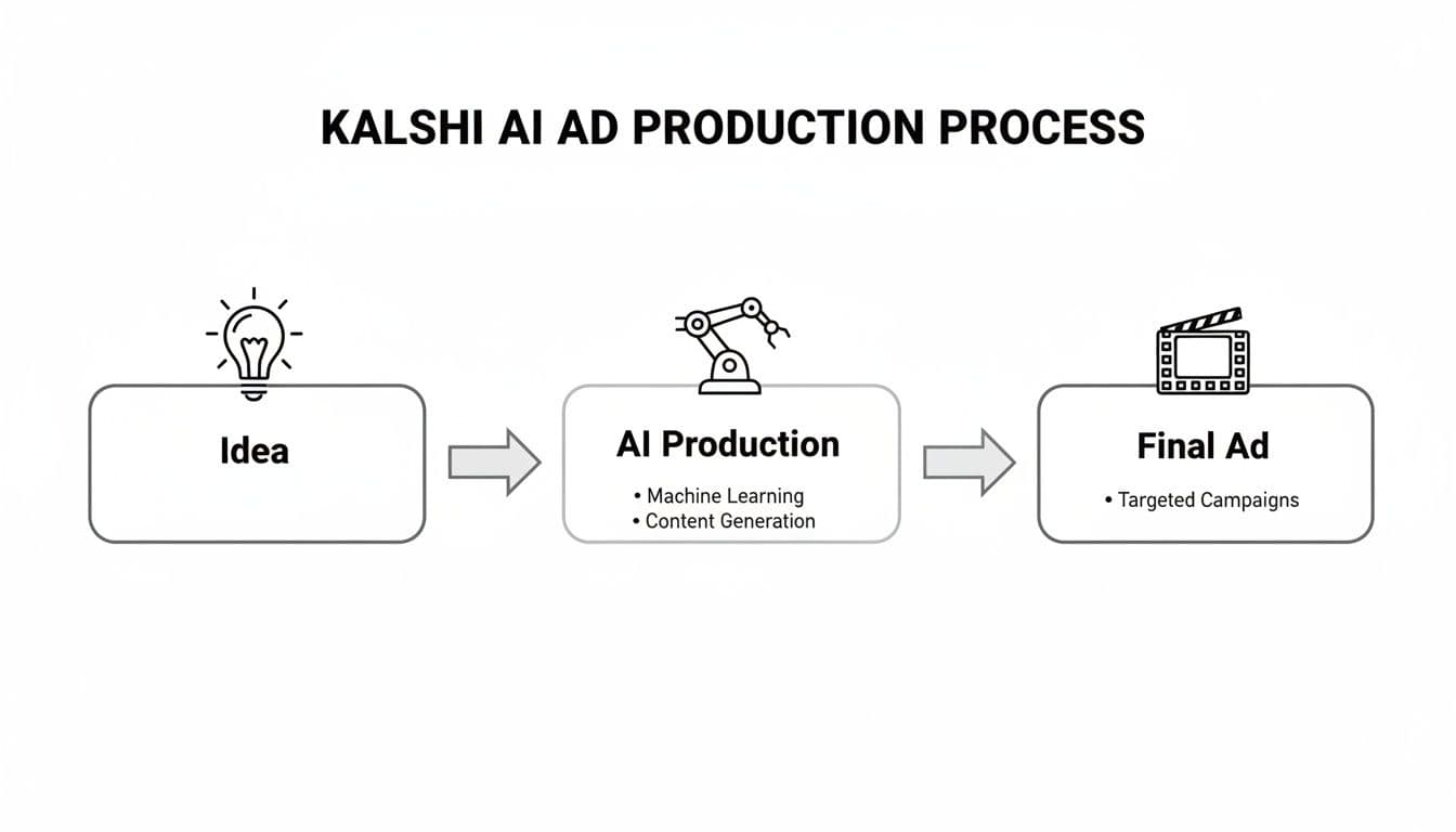 Flowchart illustrating Kalshi AI ad production process: Idea, AI production (machine learning, content generation), and final ad (targeted campaigns).