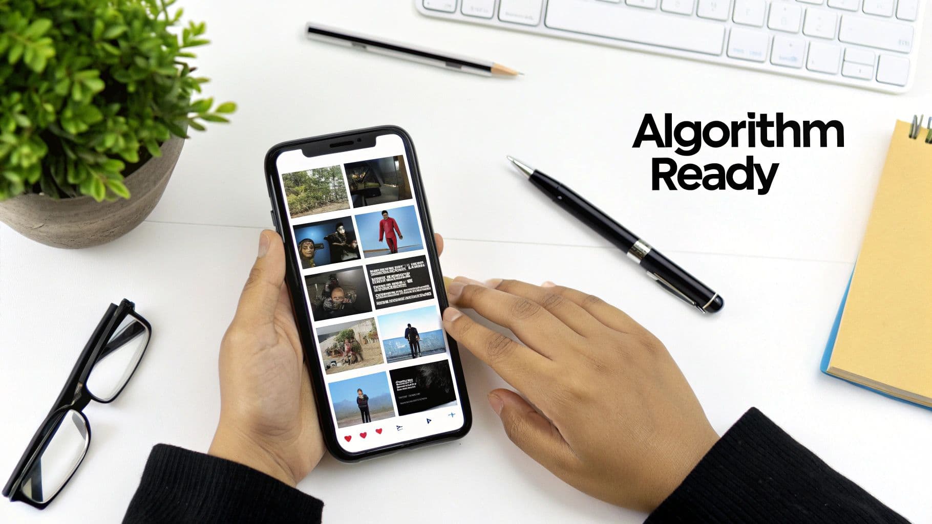 A person holds a smartphone displaying a gallery of images on a white desk with office supplies.