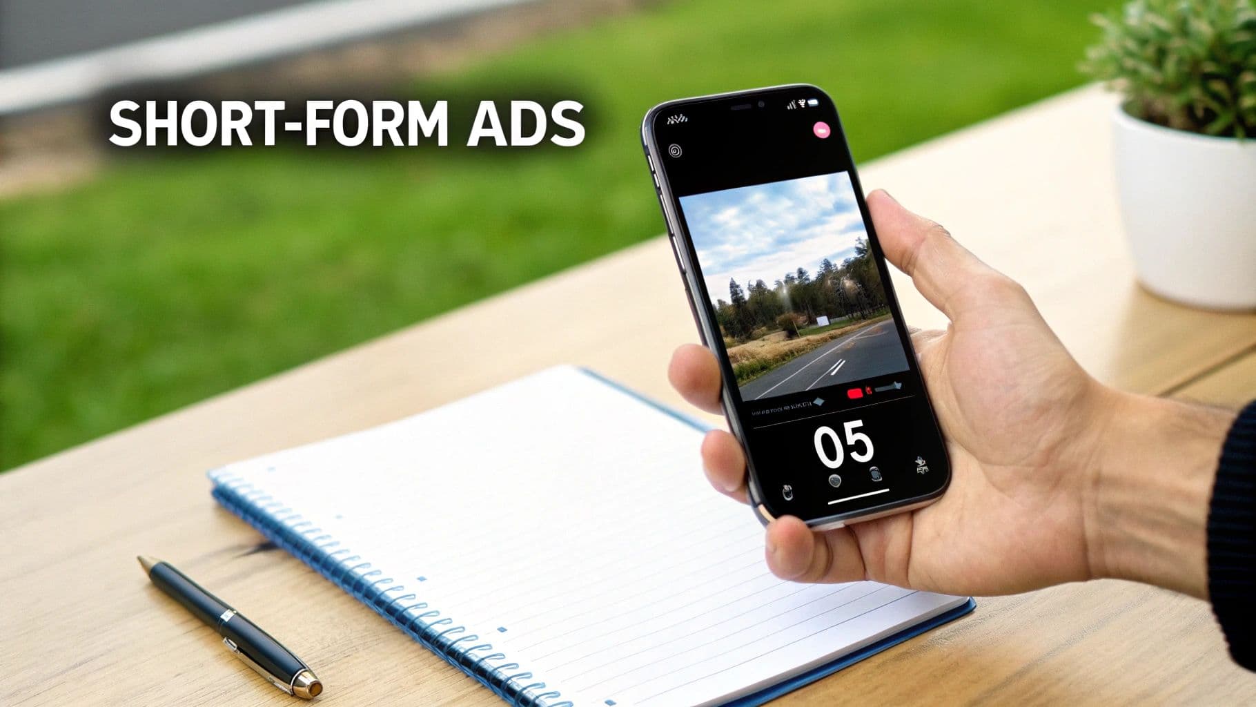 A hand holds a smartphone displaying a short-form ad of a road scene, next to a notebook and pen.