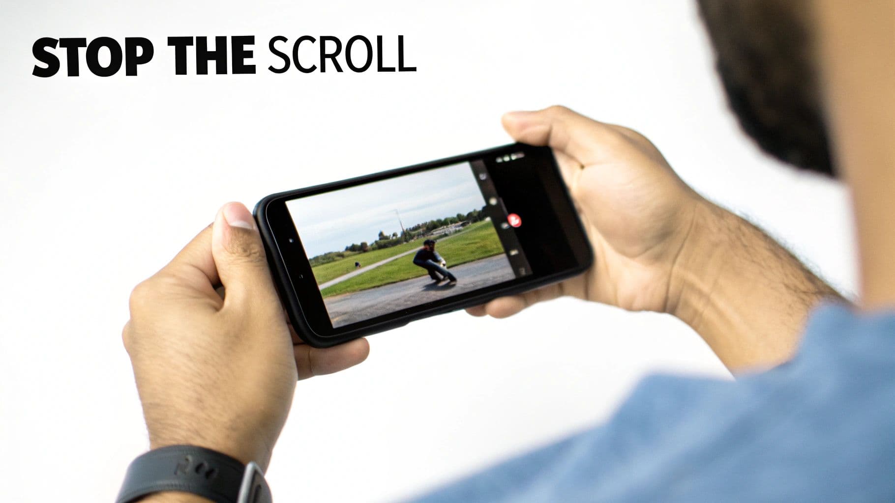 Hands hold a phone displaying a video of a skateboarder in a park, with 'STOP THE SCROLL' text.