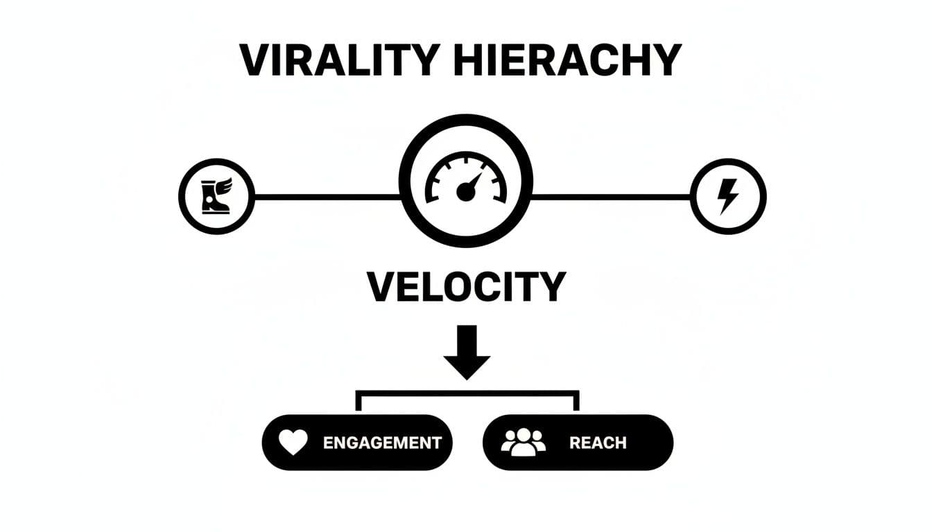 Diagram illustrating virality hierarchy with velocity leading to engagement and reach metrics.
