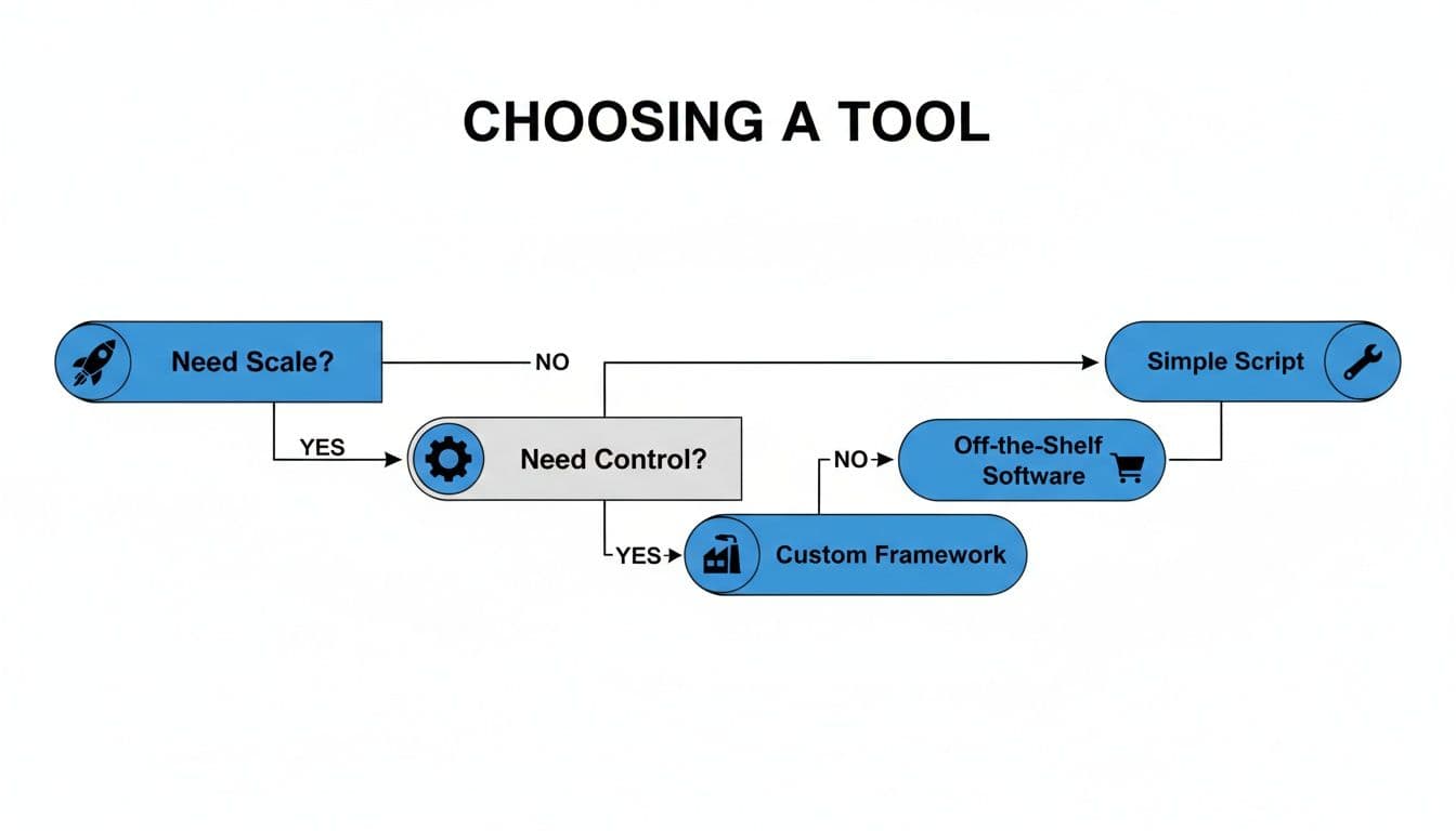A flowchart titled 'CHOOSING A TOOL' detailing a decision process for selecting software based on scale and control needs.