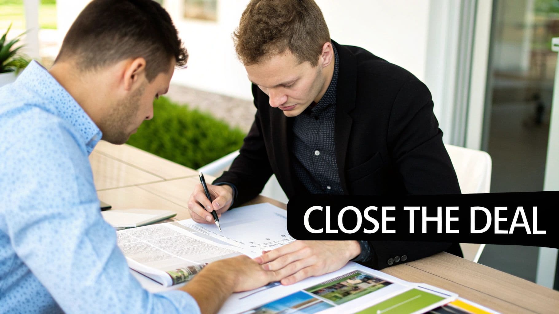 Two men in a business meeting, one signing a document while reviewing brochures on a table.
