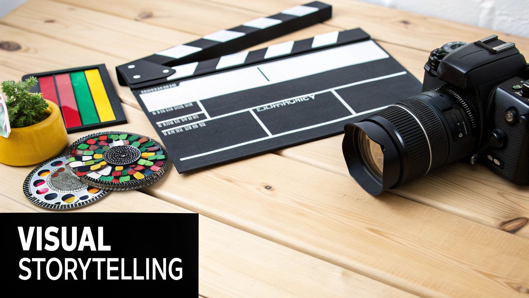 A camera, clapperboard, and filmmaking equipment arranged on a wooden table with 'VISUAL STORYTELLING' text.