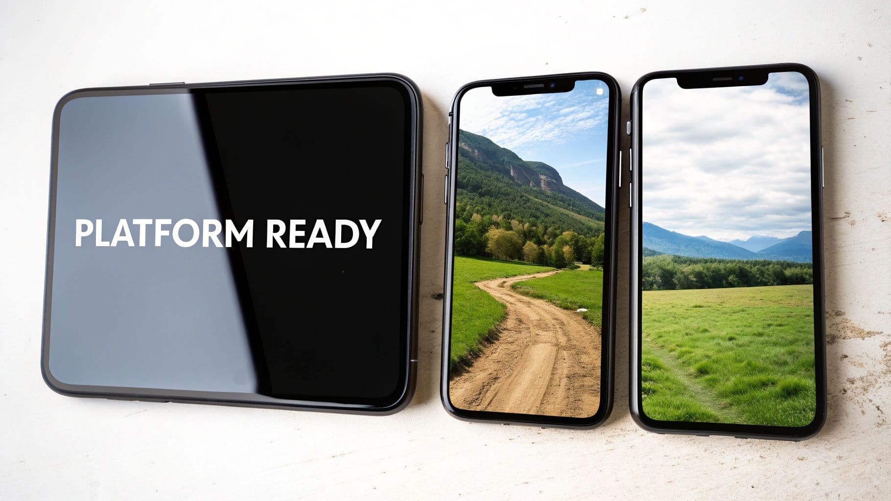 Tablet displaying 'PLATFORM READY' text next to two smartphones with scenic nature landscapes.