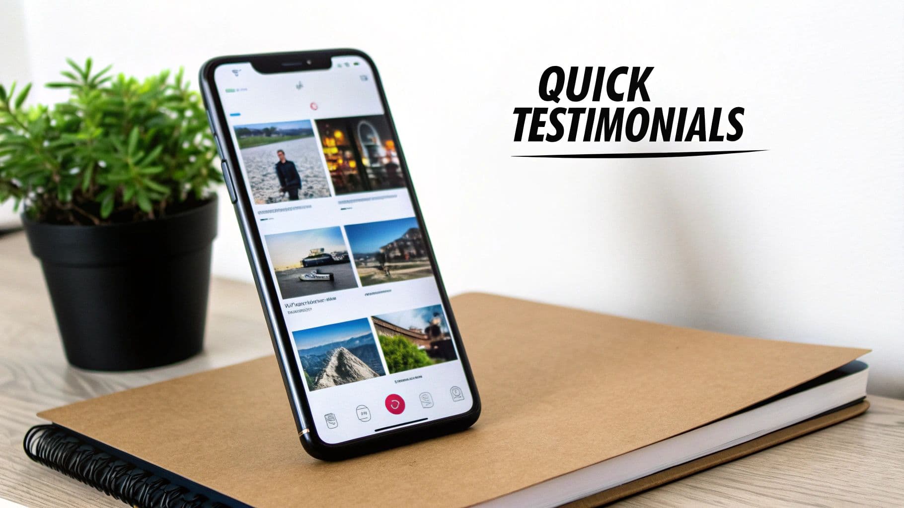 A smartphone displays an app with photo feeds, next to a potted plant and a notebook, with 'Quick Testimonials' text.