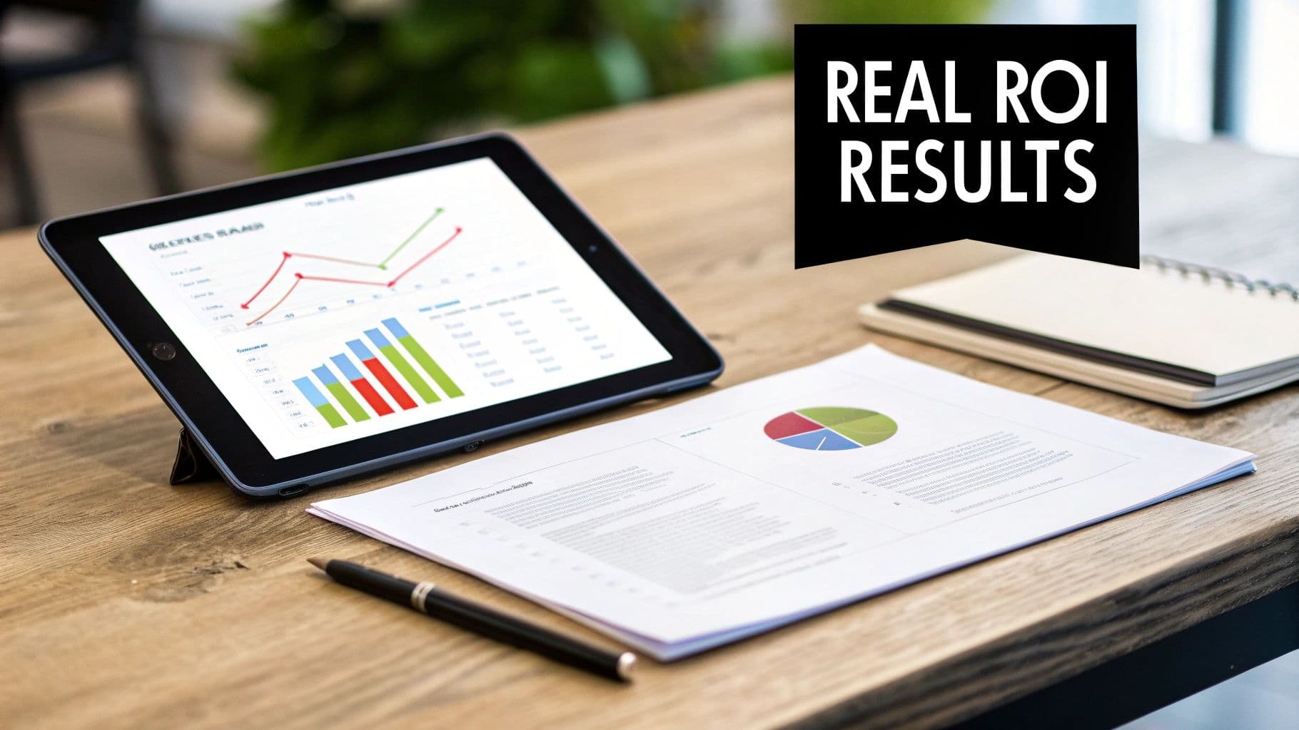 Tablet displaying business graphs, documents, and a pen on a wooden desk, with 'REAL ROI RESULTS' text.