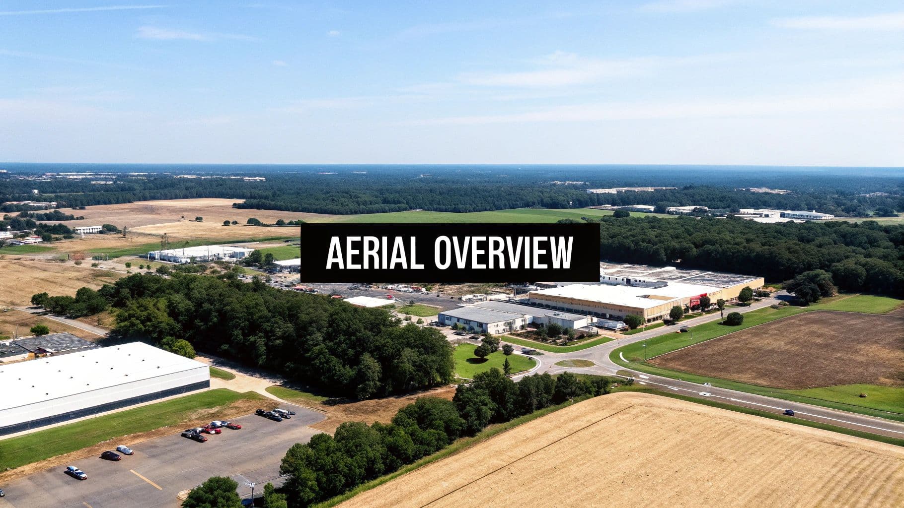 Aerial overview of an industrial park featuring large buildings, parking lots, roads, green trees, and open fields.