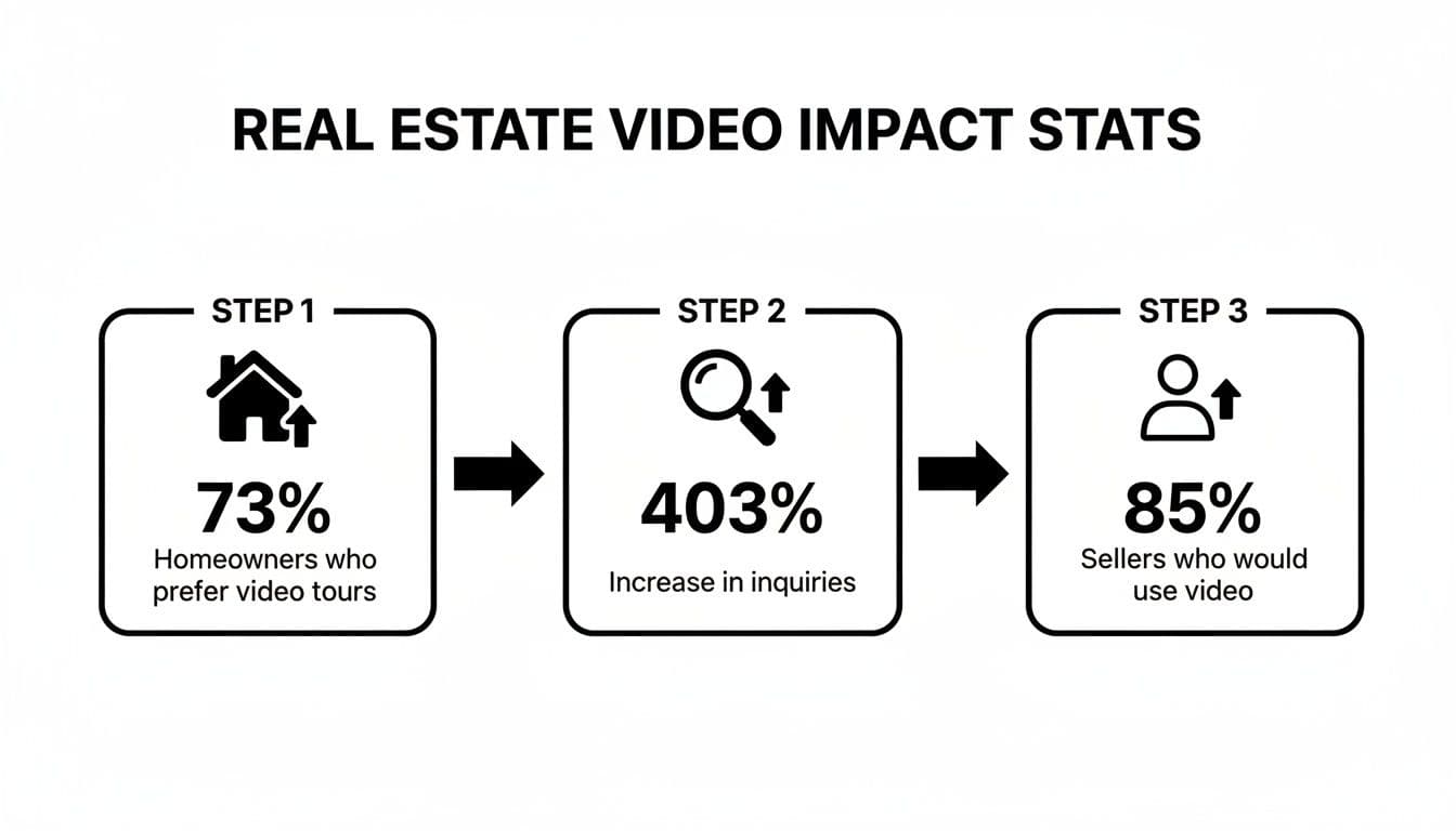 A flowchart detailing real estate video impact stats, highlighting homeowner preference, inquiry increase, and seller usage.