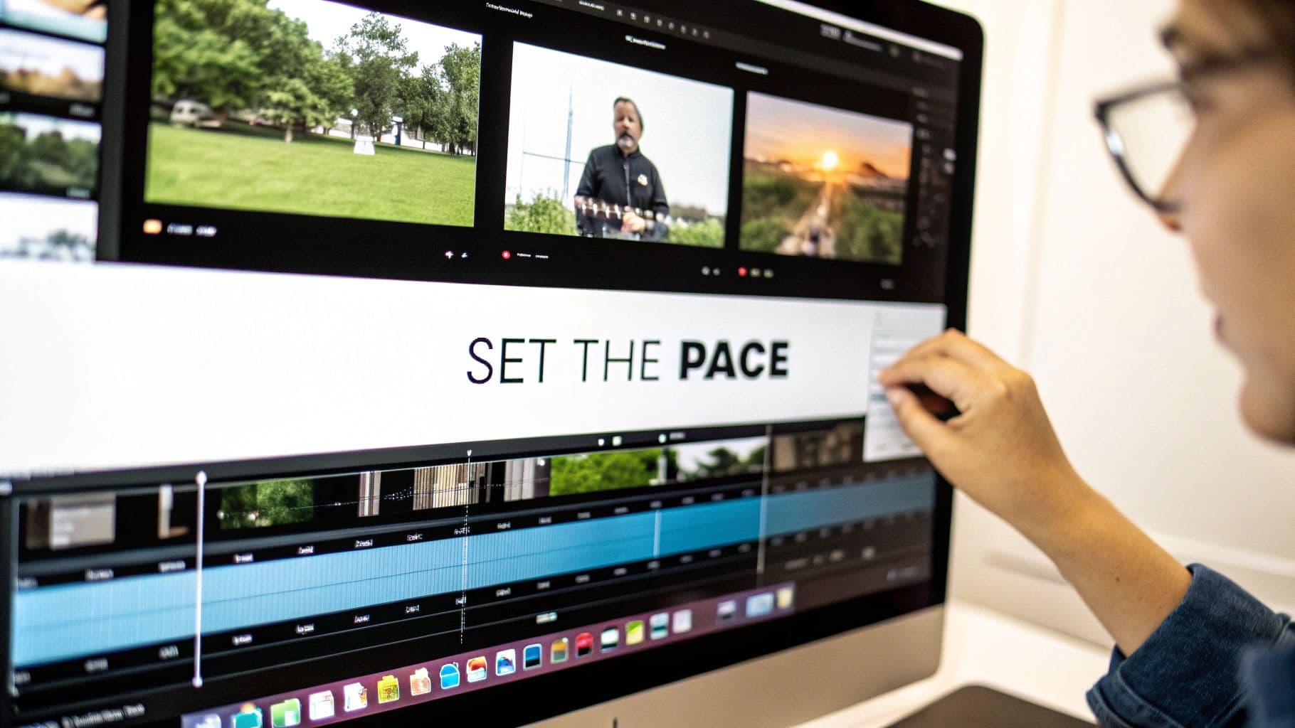 A person edits video on a large computer screen, displaying multiple clips and a video timeline.