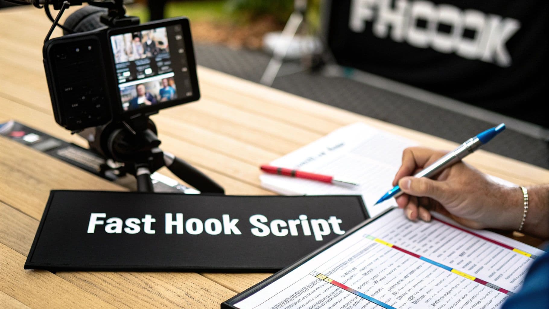 A hand writes on a script with a pen, alongside a video camera and a 'Fast Hook Script' sign.