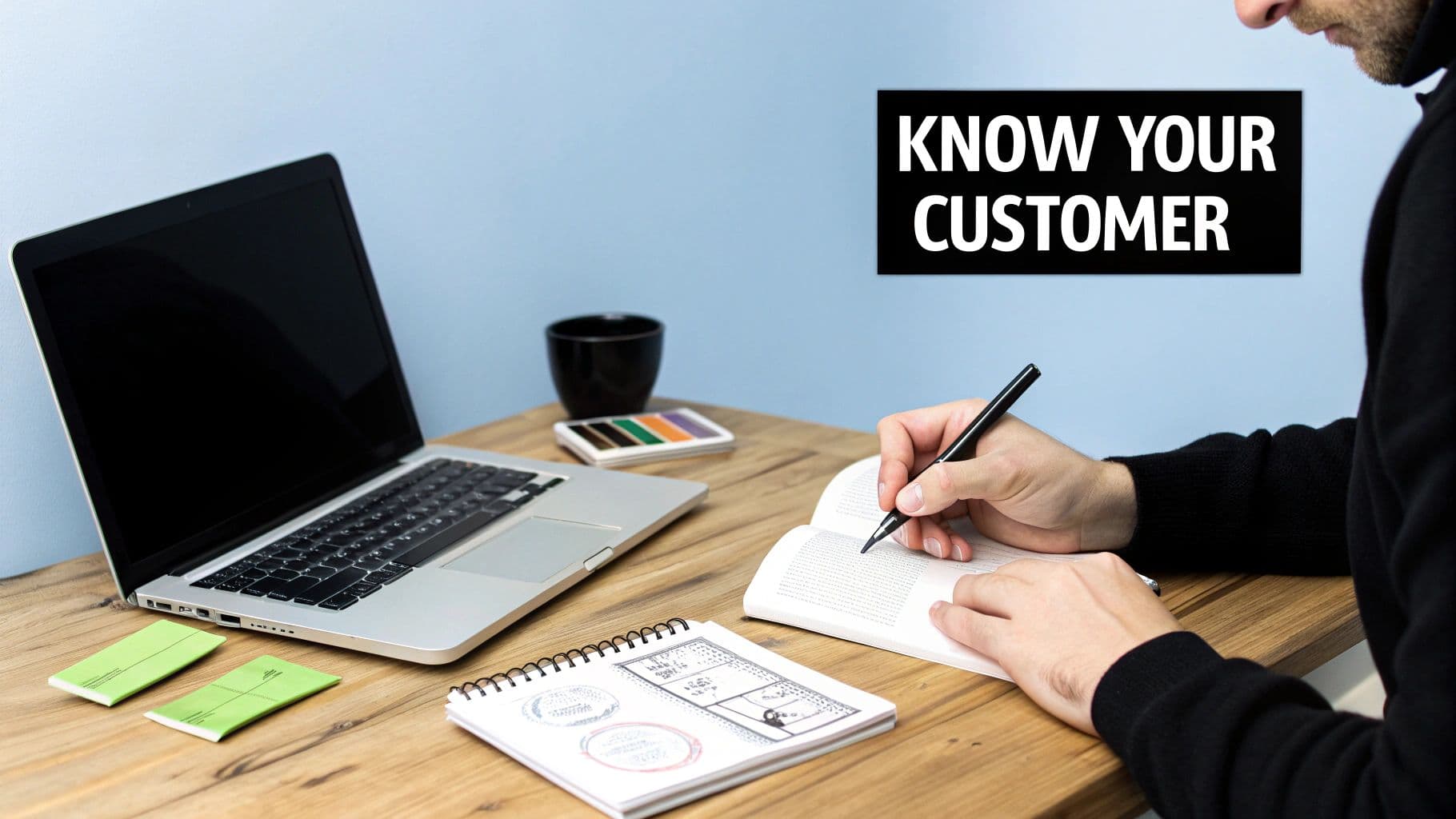 Person writing on a desk with a laptop, next to 'KNOW YOUR CUSTOMER' text.