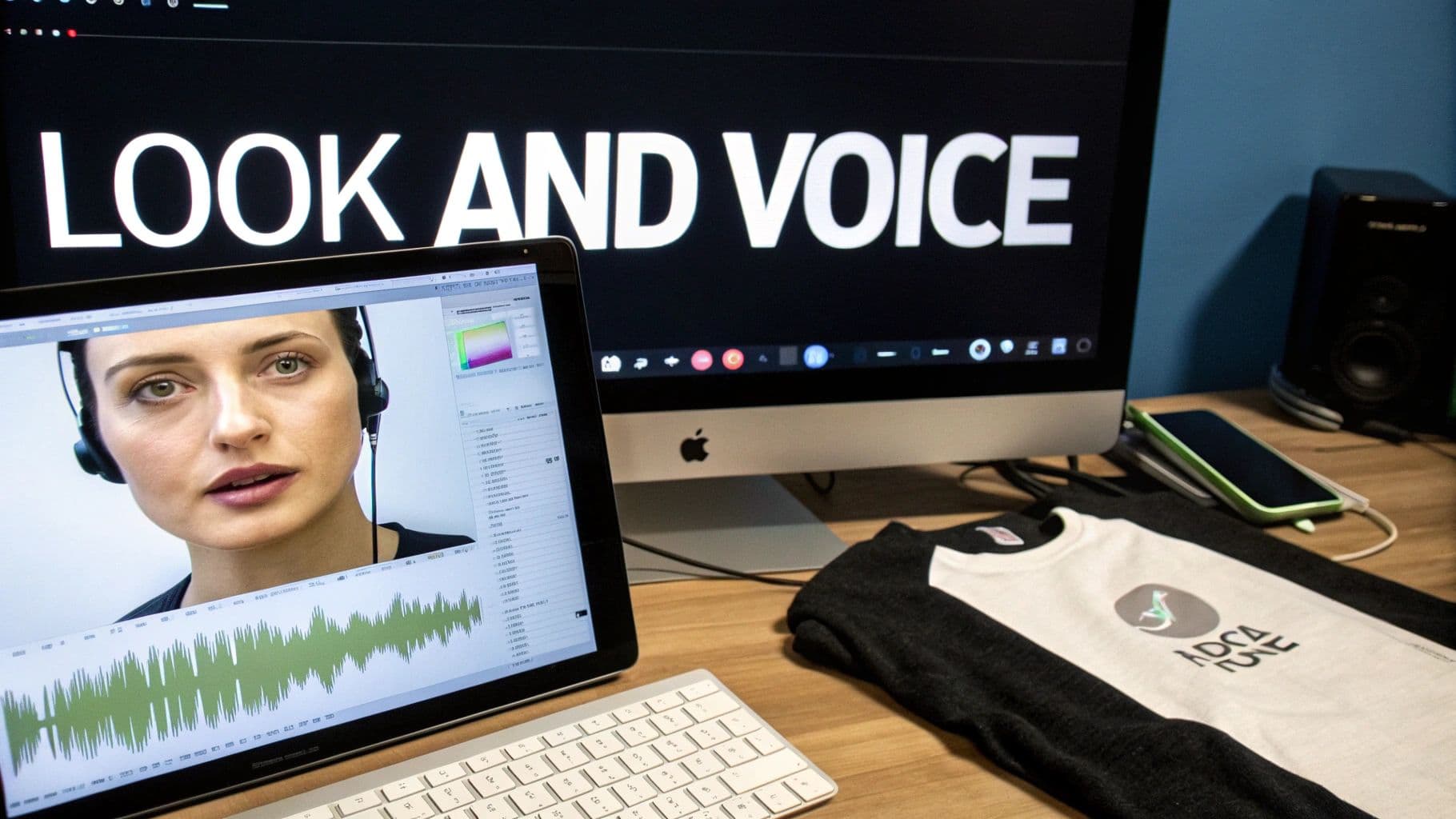A desk with two monitors: one displays 'LOOK AND VOICE', the other a woman with headphones and an audio waveform.