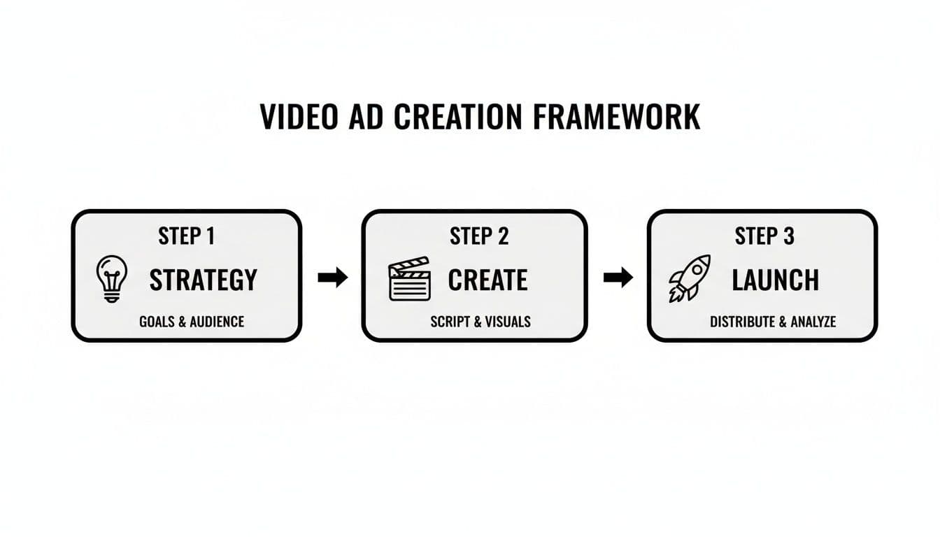 A clear three-step framework for creating video ads, outlining strategy, creation, and launch phases.