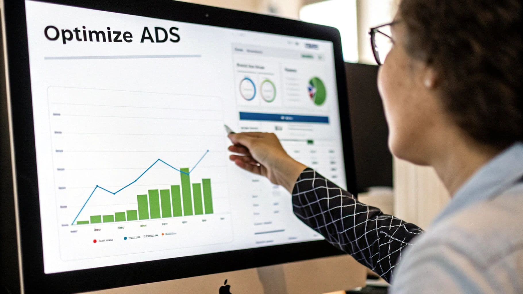 Woman optimizing online ads performance, pointing at a graph on a computer screen.