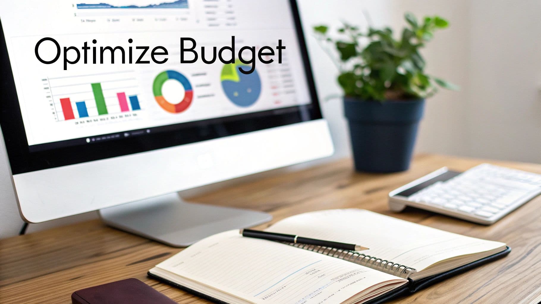 A workspace with a computer screen displaying 'Optimize Budget' alongside financial charts, a notebook, and a pen.
