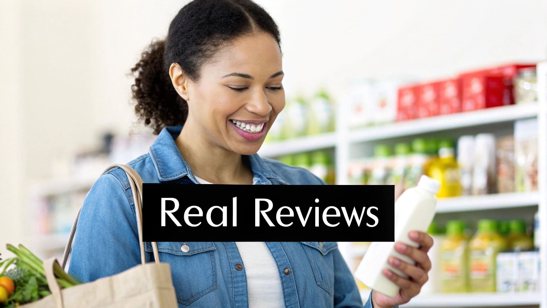 A smiling woman in a grocery store aisle holds a product bottle, with "Real Reviews" text overlay.