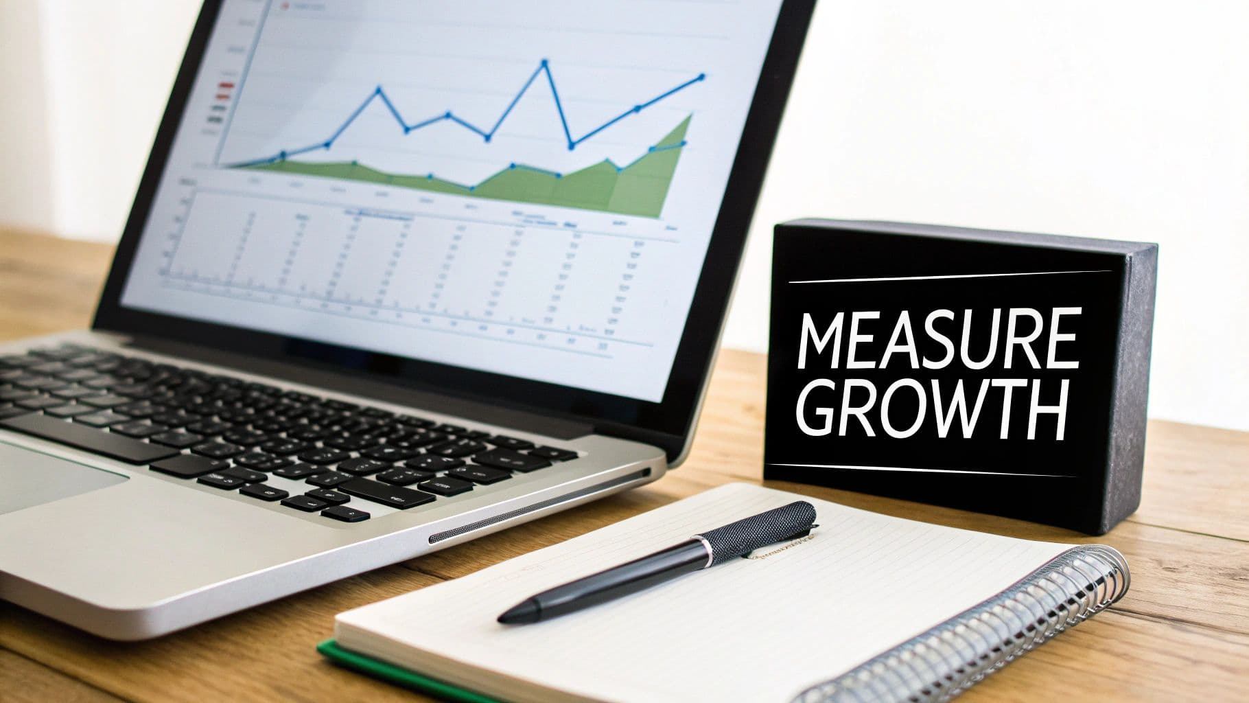 A desk with a laptop displaying business growth charts, a notebook, pen, and a 'Measure Growth' sign.