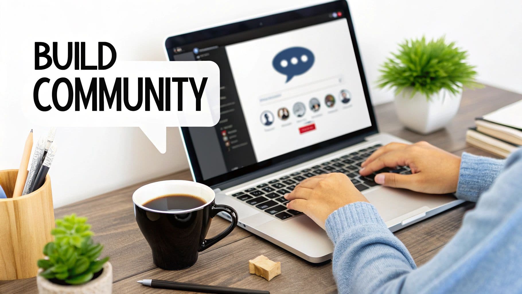 Hands typing on a laptop displaying a social media chat interface, with text 'BUILD COMMUNITY'.