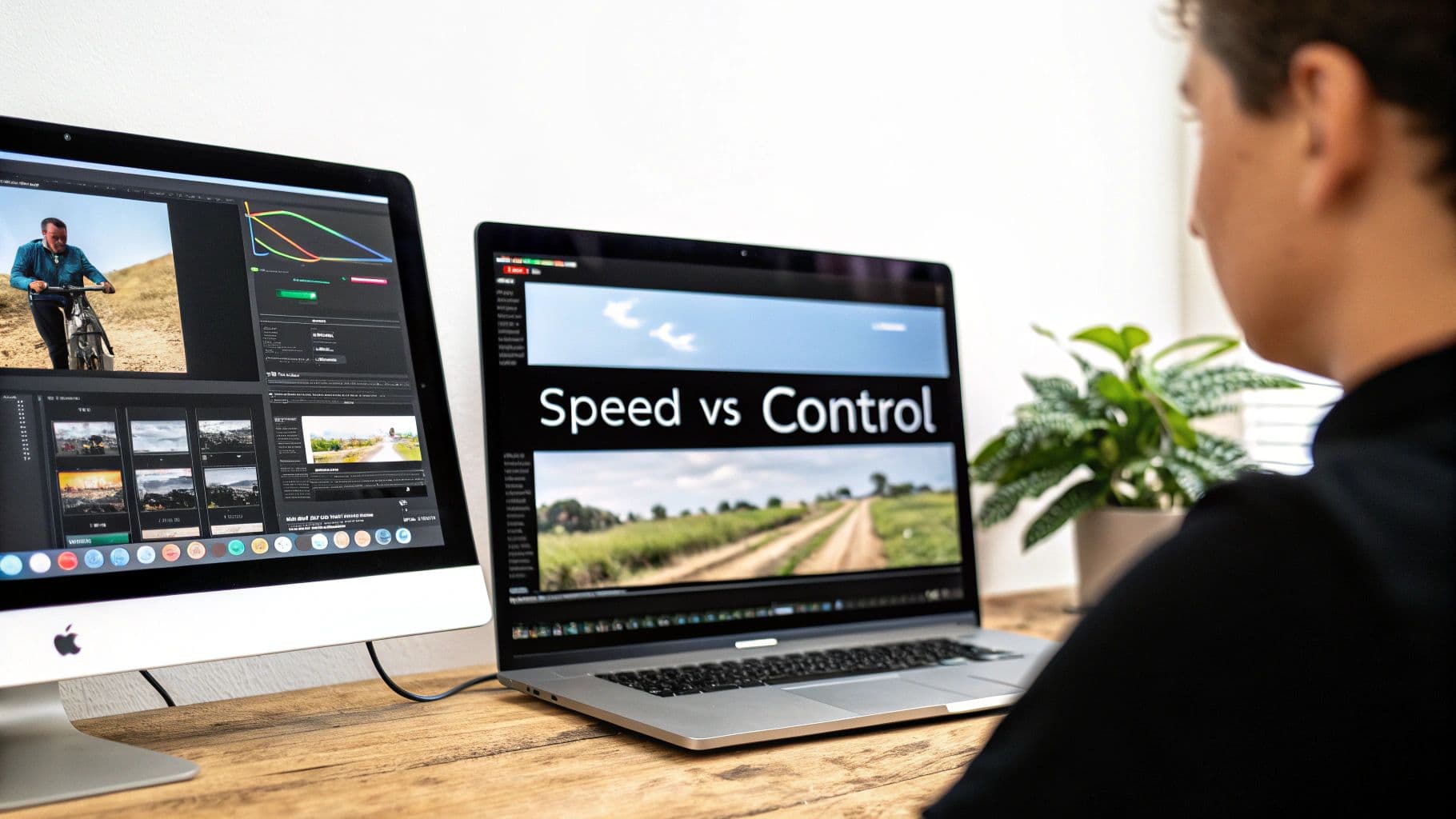 Person editing video on an iMac and laptop, with 'Speed vs Control' title on screen.