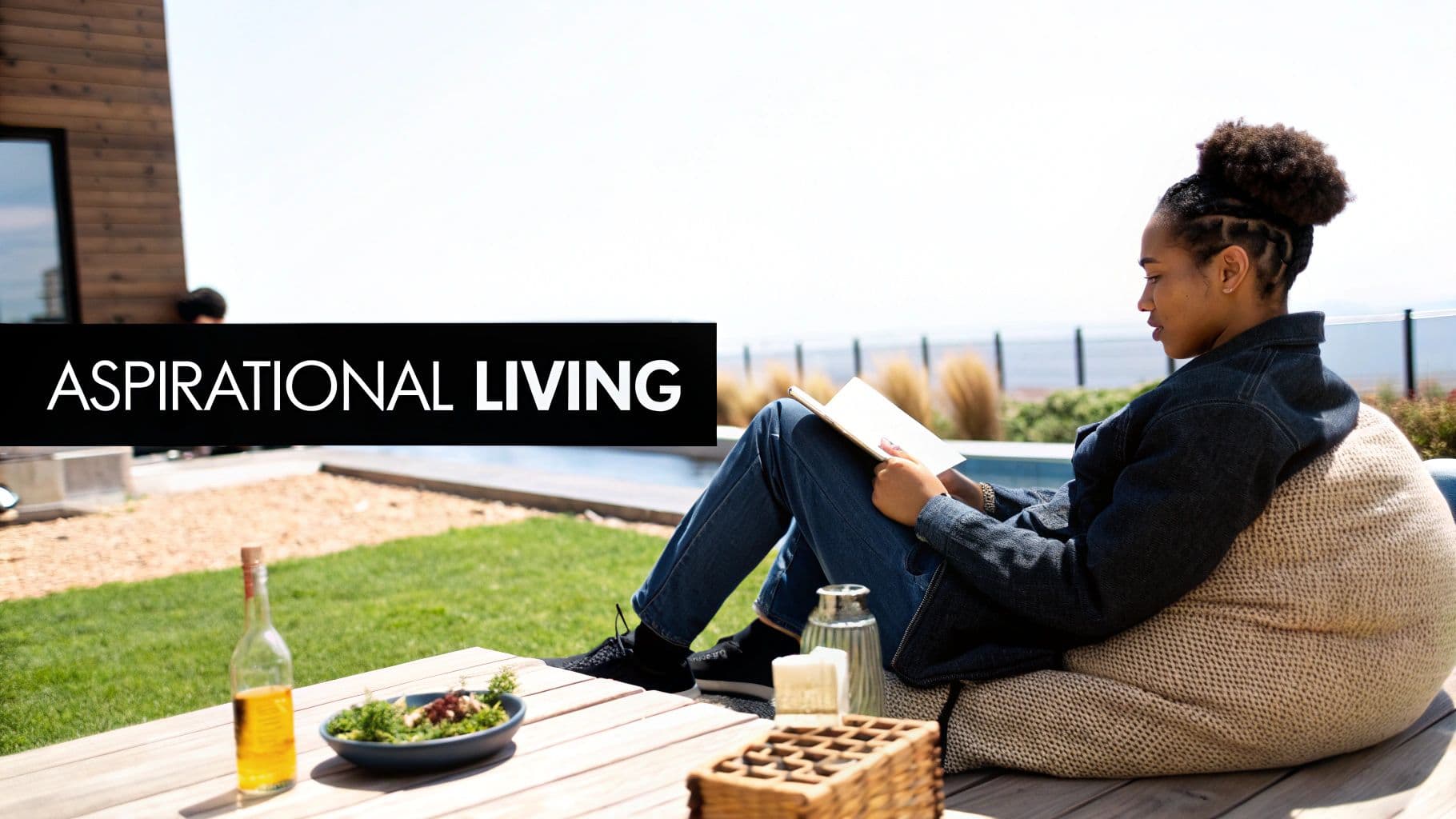 A woman comfortably reads a book on an outdoor deck, enjoying a sunny day, with overlay text "Aspirational Living".