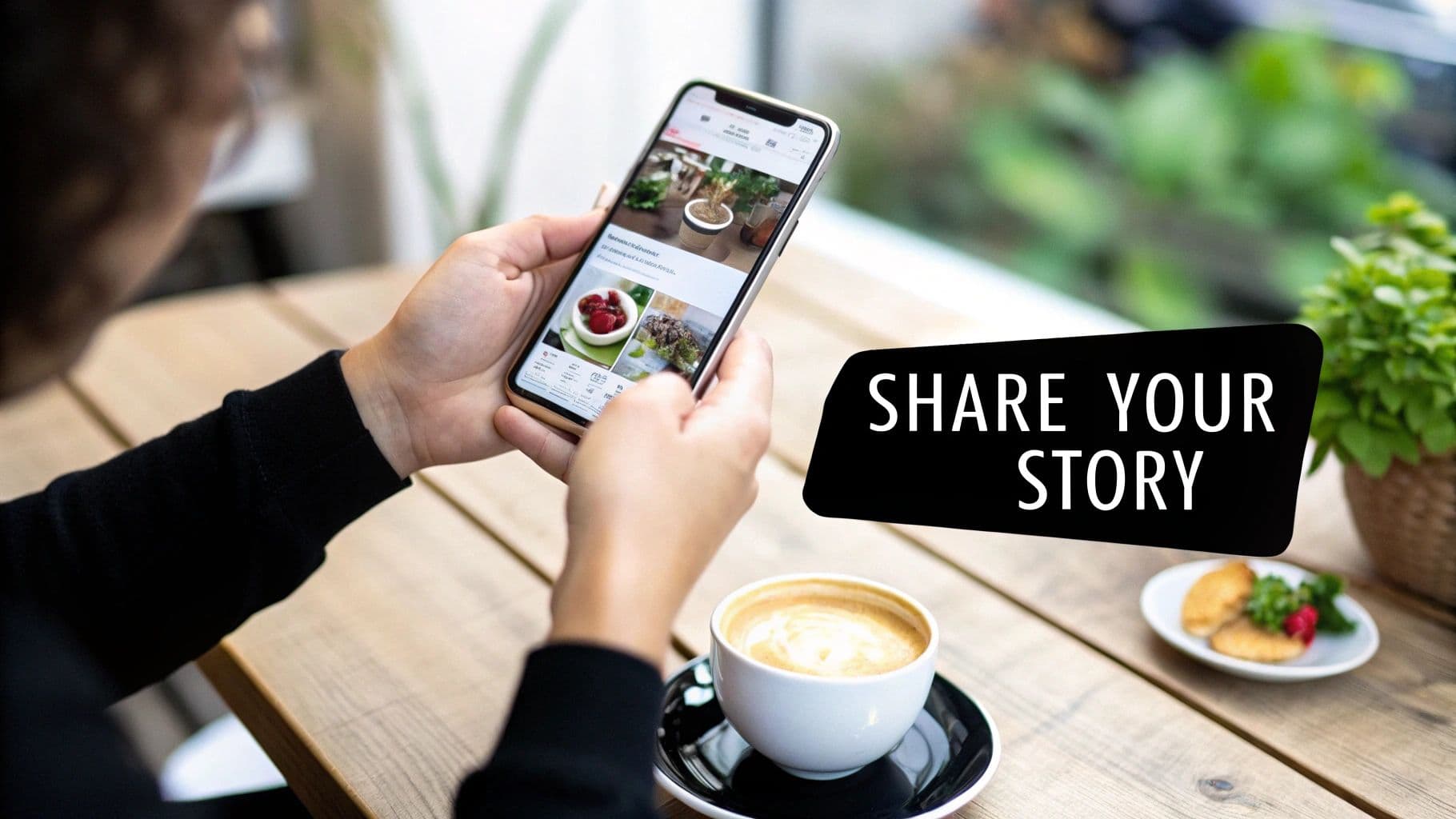 A person holds a smartphone displaying food pictures on a social media app, sitting at a wooden table with coffee, next to text "SHARE YOUR STORY."
