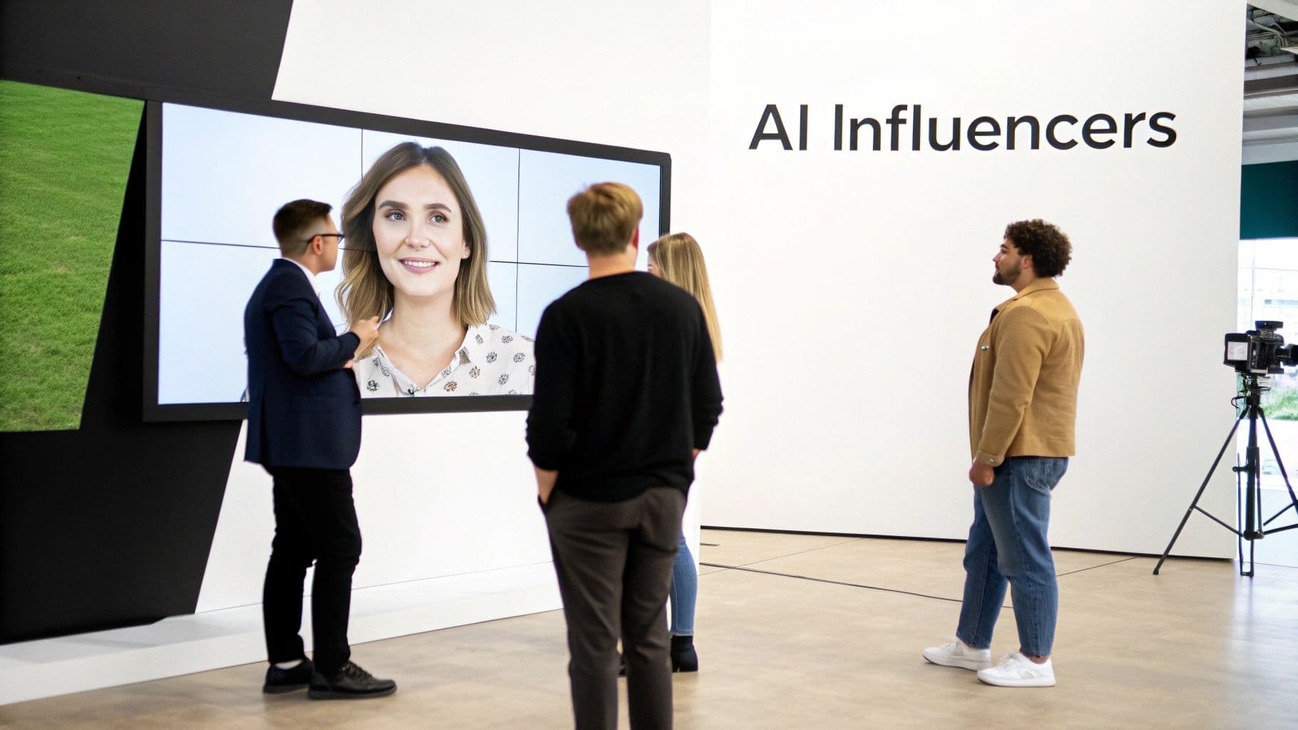People viewing a large screen displaying an AI influencer with "AI Influencers" text on the wall.