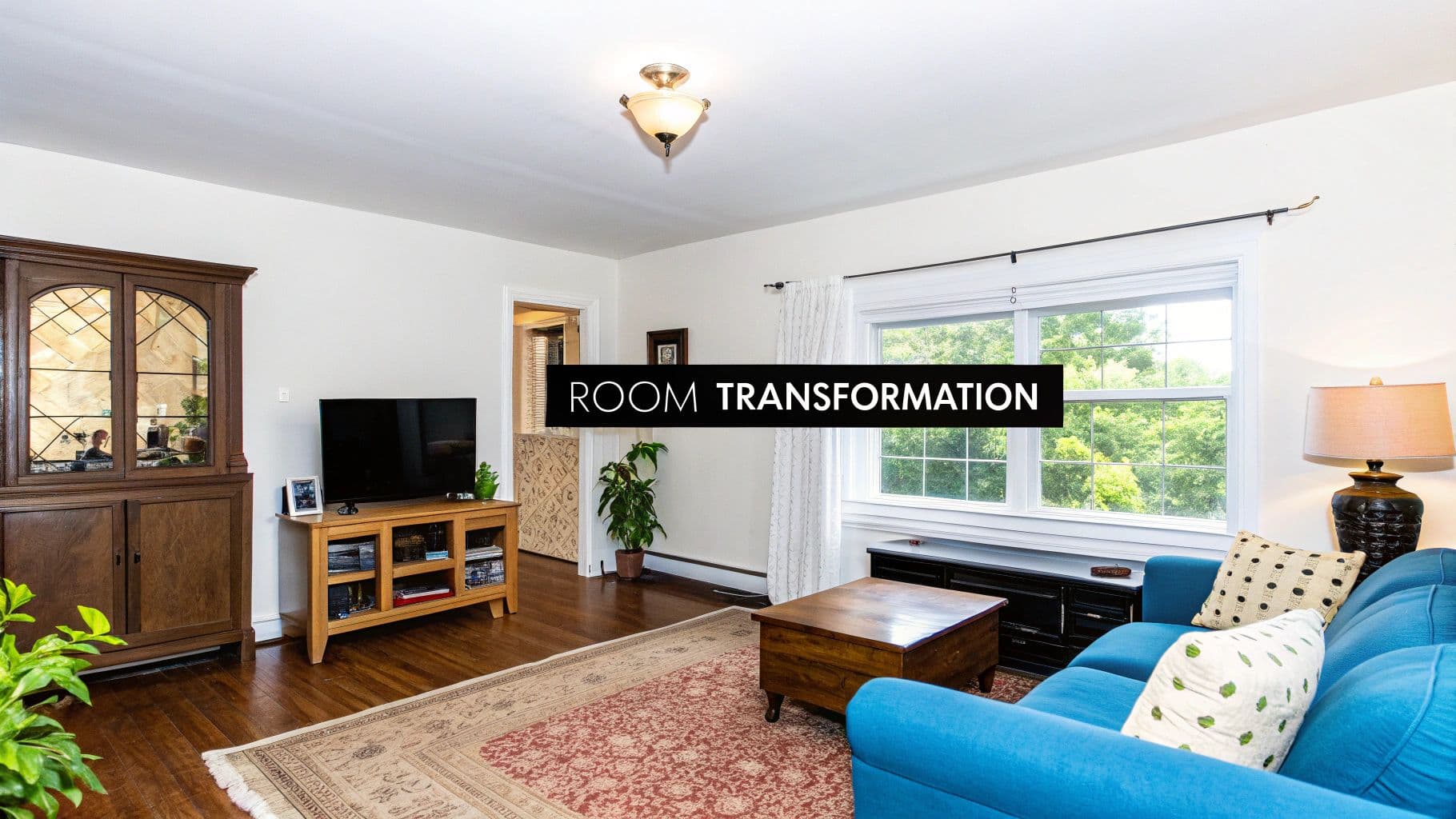A bright living room with a blue sofa, wooden media console, cabinet, and a patterned rug.