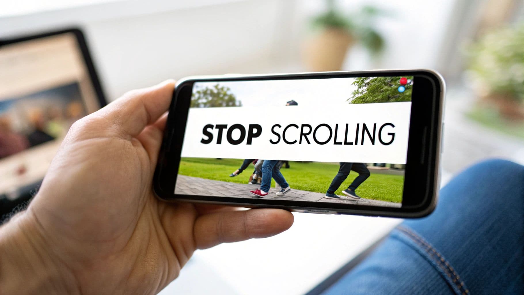 Hand holding a phone displaying a 'STOP SCROLLING' message over people walking outdoors.