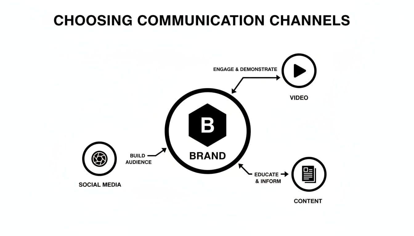Diagram showing how to choose communication channels for a brand, including social media, video, and content.